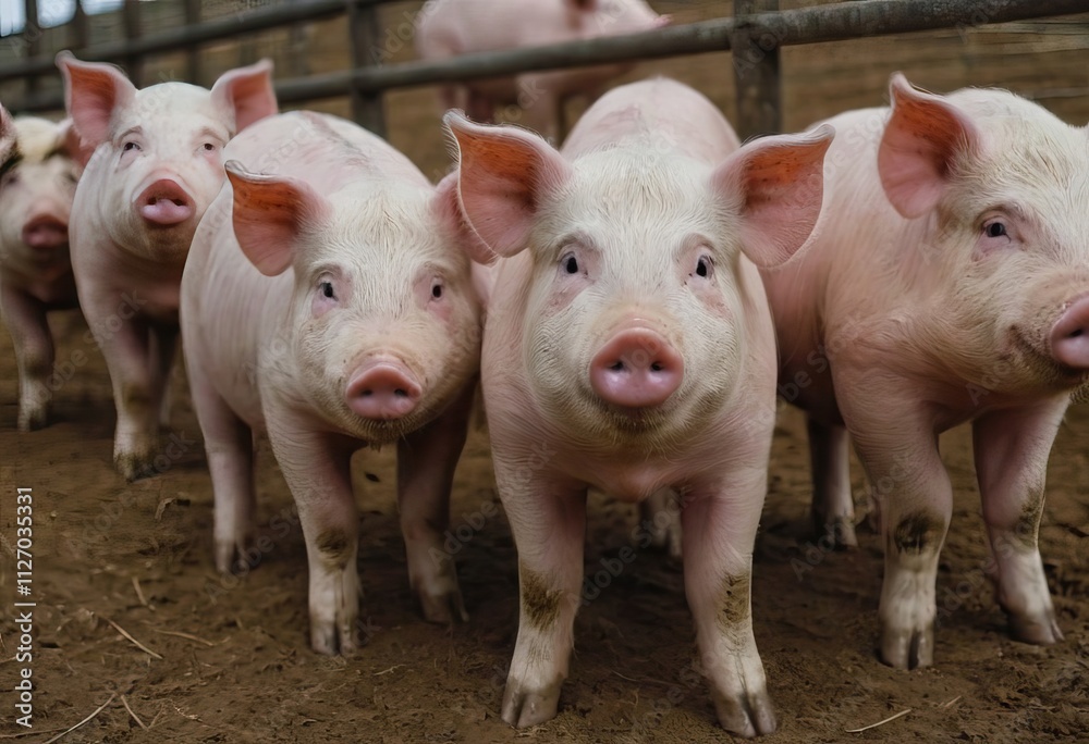 A large herd of pigs is standing among the dirt, gazing at the camera A large herd of pigs is standing among the dirt, gazing at the camera