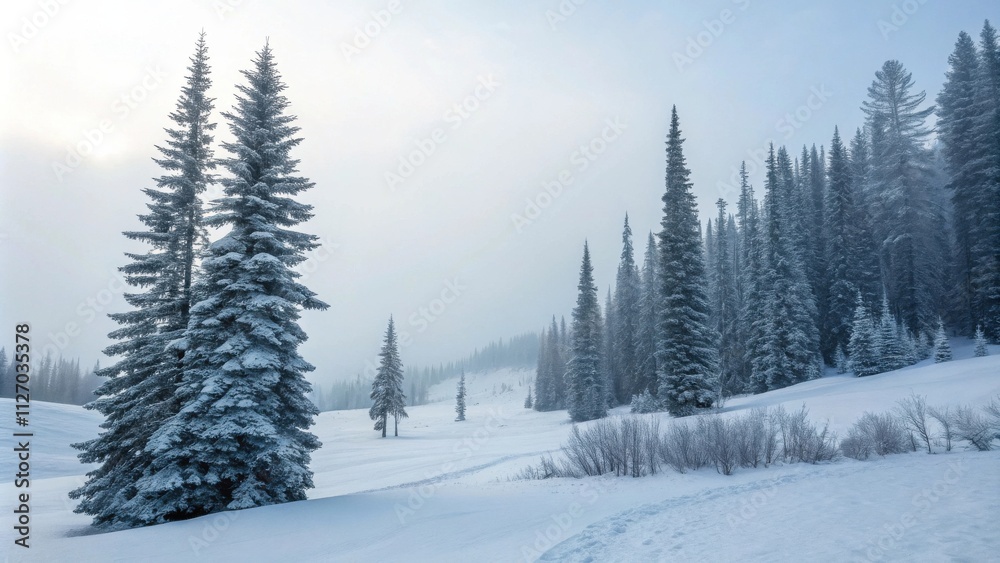 A frosty winter landscape with snow-laden pine trees standing tall against a soft, misty sky, creating a serene and tranquil atmosphere. A frosty winter landscape with snow-laden pine trees standing tall against a soft, misty sky, creating a serene and tranquil atmosphere.