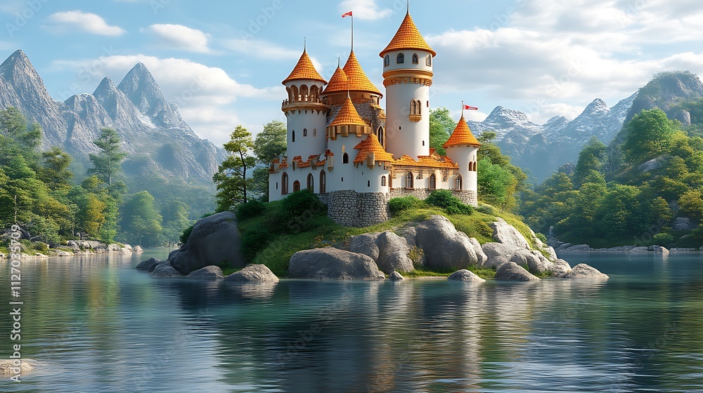 Fototapeta premium Fairytale Castle on Island Lake Mountain Setting