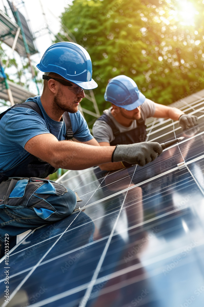 Engineers securing solar window frames into a modern building, tools and precision Engineers securing solar window frames into a modern building, tools and precision