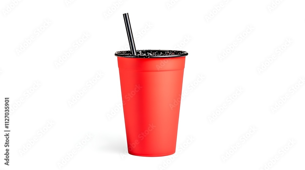 Bright Red Cup with Metallic Straw Filled with Dark Beverage Isolated on White Background Perfect for Food and Beverage Photography, Party Settings, or Refreshment Concepts Bright Red Cup with Metallic Straw Filled with Dark Beverage Isolated on White Background Perfect for Food and Beverage Photography, Party Settings, or Refreshment Concepts