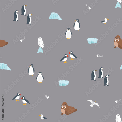 Polar animals seamless pattern. Cute Cartoon arctic animals background. Vector Illustration.