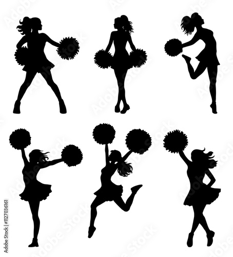 Cartoon Cheerleaders in Different Poses with Pom-poms Clipart Set, Isolated Silhouettes on a Transparent Background