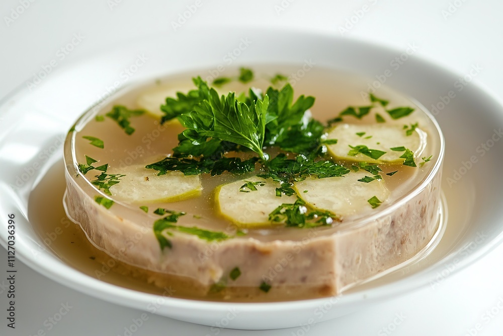 Traditional Romanian piftie (aspic) served in a white bowl, garnished with parsley and garlic slices. Traditional Romanian piftie (aspic) served in a white bowl, garnished with parsley and garlic slices.