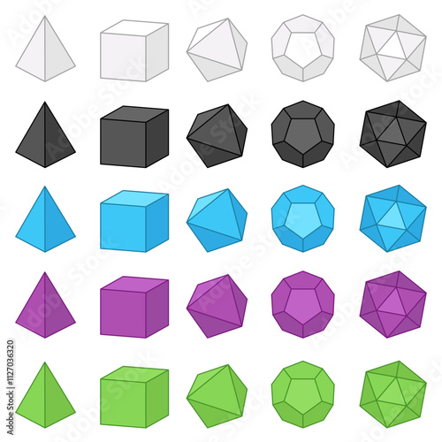 3d Geometric Solid Form Clipart or Dice Shape Blank Templates, Colorful Geometry Illustrations