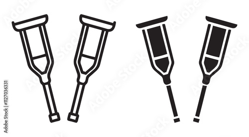 Crutches outline and black filled icon set. Vector illustration.