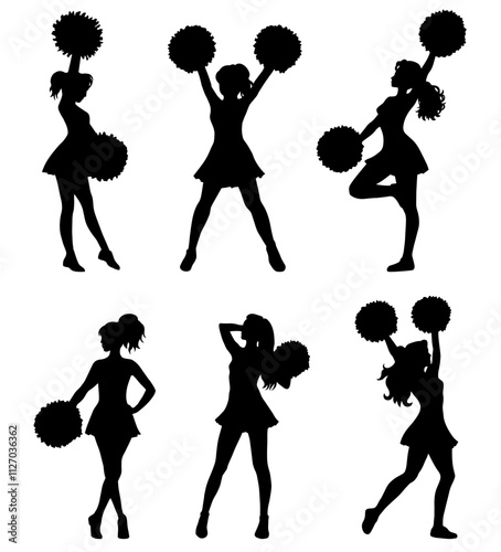 Cartoon Cheerleader Silhouettes in Different Poses with Pom-poms Clipart Set, Isolated on a Transparent Background