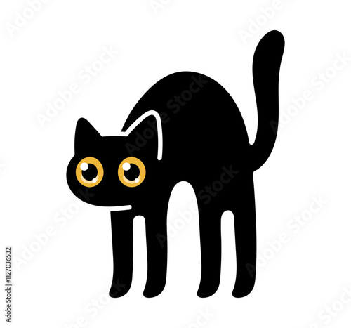 Vector cat illustration. Scared cat illustration, icon. Curved back kitten. Cute cartoon standing cat. Black cat character clip art.