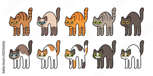 Vector cat illustration set. Different cat breeds illustrations with curved back. Cute colorful cartoon neko kitty standing cats. Scared cat character clip art.