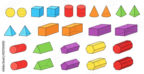 Colorful 3d Shaded Geometric Solid Forms and Shapes Clipart, Geometry and Math Illustrations, with Dashed Lines on a Transparent Background