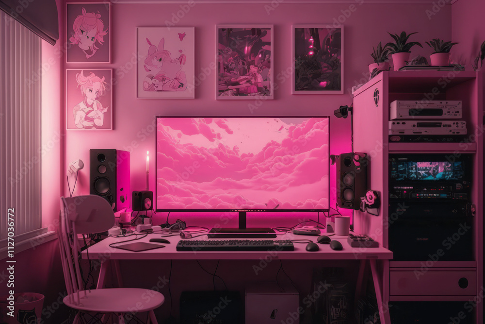 Room of a teenage girl. Games room illuminated with leds. Created with generative AI technology. Room of a teenage girl. Games room illuminated with leds. Created with generative AI technology.