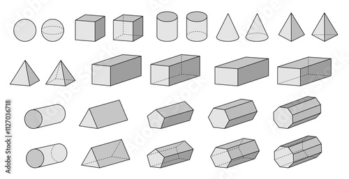 3d Shaded Geometric Solid Forms and Shapes Clipart, Geometry and Math Illustrations, with Dashed Lines on a Transparent Background