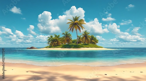 Tropical Island Paradise with Lush Palm Trees and Azure Waters photo