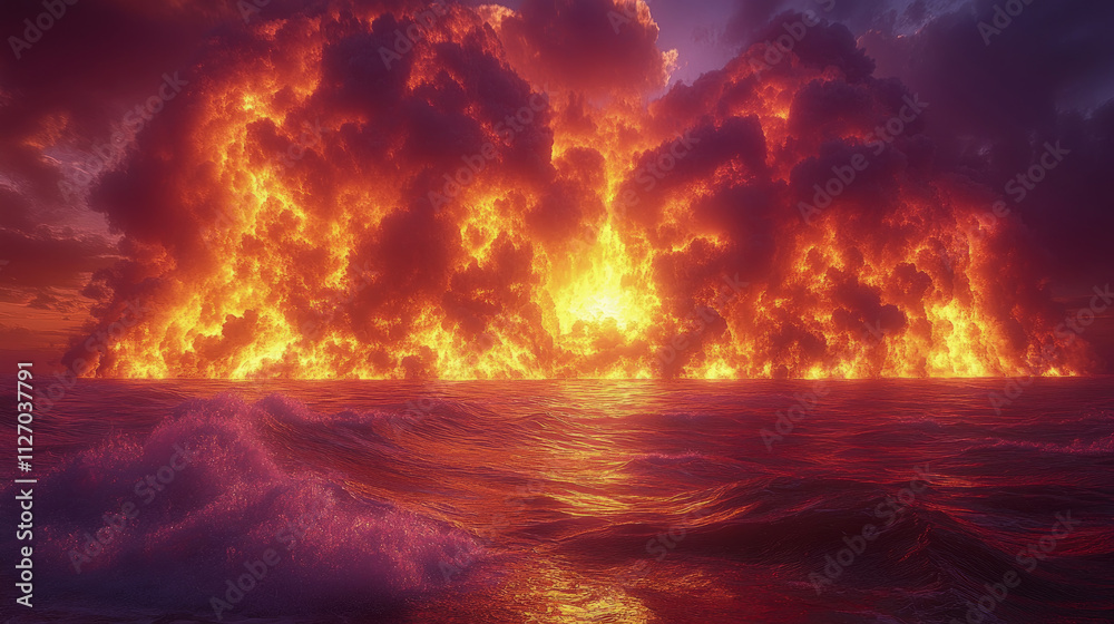 Naklejka premium A powerful volcanic eruption casts vivid flames and dark clouds across the ocean, creating a stunning display of light and color during sunset