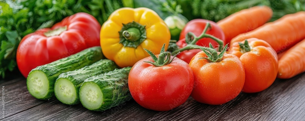A close up shot of a variety of freshly picked, vibrant vegetables such as tomatoes, bell peppers, cucumbers, and carrots arranged neatly on a rustic wooden table A close up shot of a variety of freshly picked, vibrant vegetables such as tomatoes, bell peppers, cucumbers, and carrots arranged neatly on a rustic wooden table