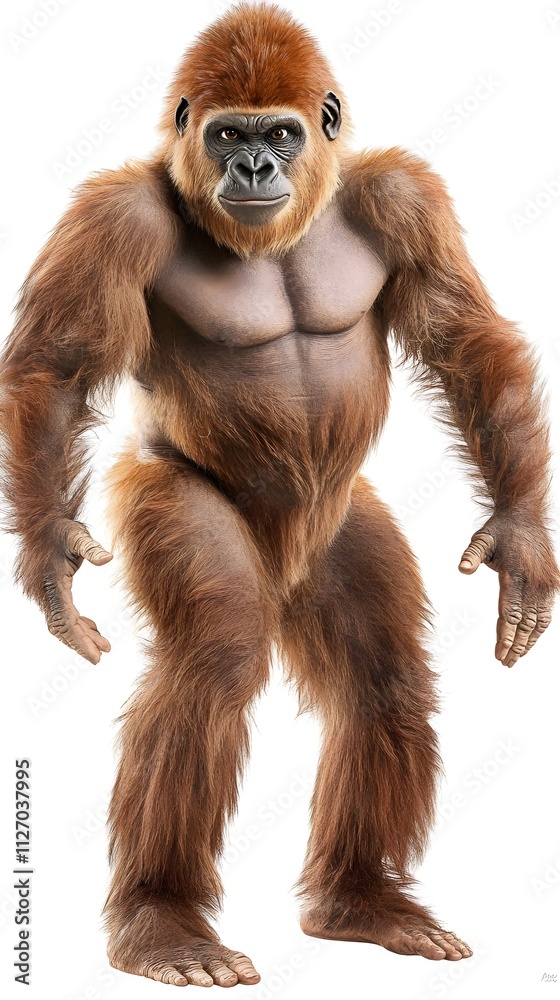 Realistic and Detailed Portrait of a Strong and Muscular Gorilla in a Standing Pose, Showcasing Its Impressive Fur and Powerful Build Against a White Background Realistic and Detailed Portrait of a Strong and Muscular Gorilla in a Standing Pose, Showcasing Its Impressive Fur and Powerful Build Against a White Background