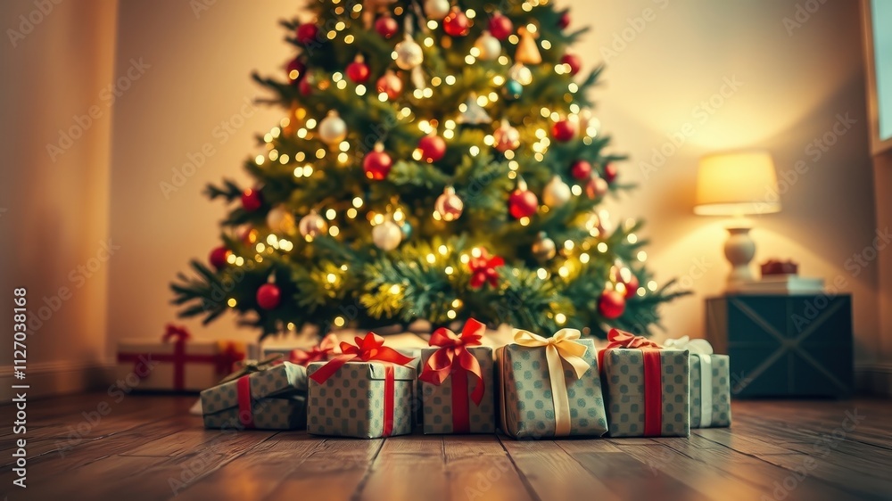 Warm Festive Evening with Presents Under Decorated Tree Warm Festive Evening with Presents Under Decorated Tree