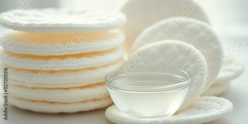 Soft cotton rounds and cleansing liquid in a glass bowl for skincare routine photo