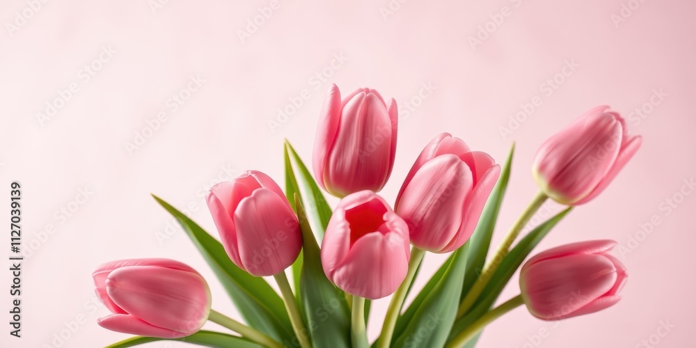 A delicate bouquet of pale pink tulips on a soft pink background A delicate bouquet of pale pink tulips on a soft pink background