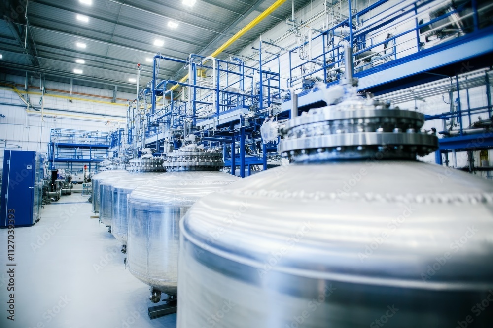 Fototapeta premium Industrial Steel Tanks Low Angle Composition, Metal Vessels, Factory Production, Chemical Processing Factory, Manufacturing