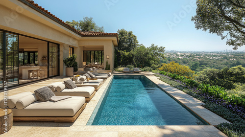 Wallpaper Mural Relaxation area features elegant loungers beside a pristine pool, surrounded by lush greenery and offering scenic views under bright sunlight Torontodigital.ca