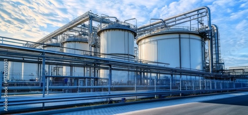 Industrial Complex Low Angle View of White Tanks and Pipelines Under Blue Sky, Chemical Plant, Refinery Chemical Engineering, Petrochemical Plant photo