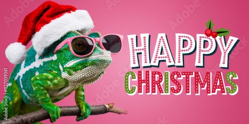 Happy Christmas Day greeting card with text - A cool chameleon pet wearing a Santa hat and Glasses Generative AI photo