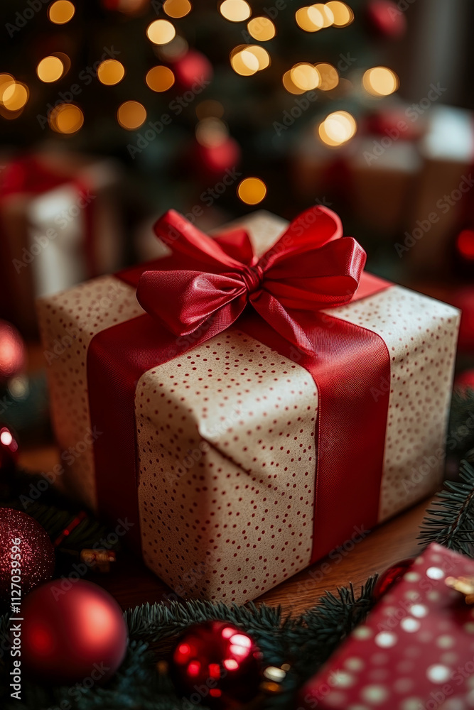 A neatly wrapped present adorned with a red ribbon sits among sparkling ornaments and a decorated Christmas tree in a cozy setting A neatly wrapped present adorned with a red ribbon sits among sparkling ornaments and a decorated Christmas tree in a cozy setting