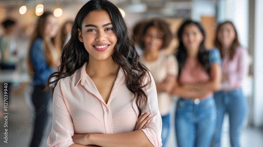 Empowerment and leadership in a diverse workplace, showcasing collaboration and motivation among happy team members committed to achieving shared goals