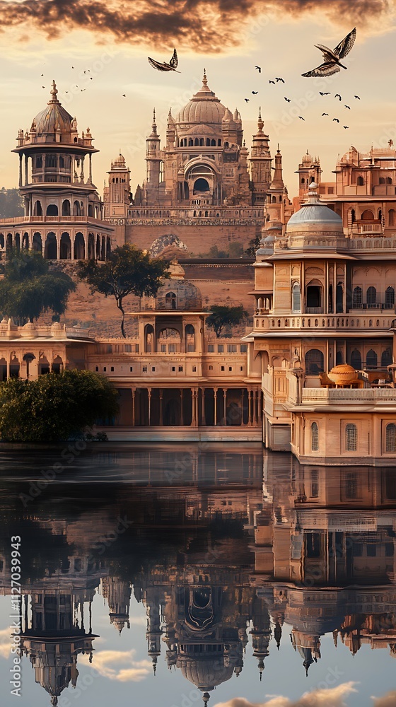 Obraz premium Serene architectural landscape reflecting on water at sunset.