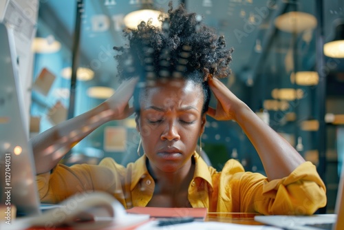 Overwhelmed professional experiencing stress and headaches from multitasking, workload challenges, and workplace pressures, leading to burnout and anxiety around deadlines and errors