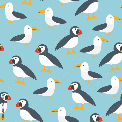 Puffin and Seagull seamless pattern. Cute Cartoon arctic animals background. Vector Illustration.