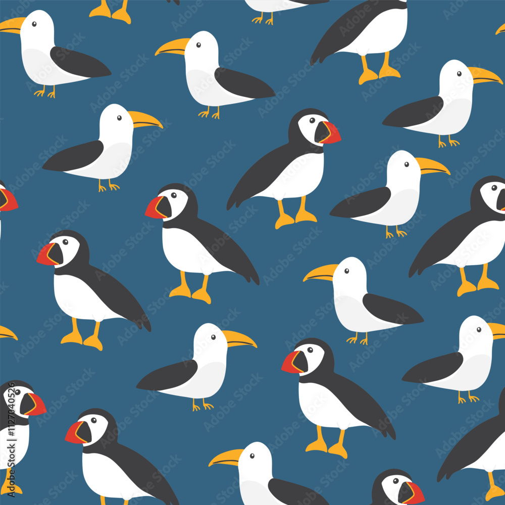 Obraz premium Puffin and Seagull seamless pattern. Cute Cartoon arctic animals background. Vector Illustration.