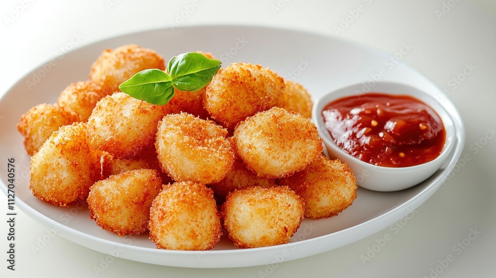 Close-up of gnocchi dumplings on a modern white dish, golden-brown crispy edges from light pan-frying, surrounded by a drizzle of tomato sauce. Close-up of gnocchi dumplings on a modern white dish, golden-brown crispy edges from light pan-frying, surrounded by a drizzle of tomato sauce.