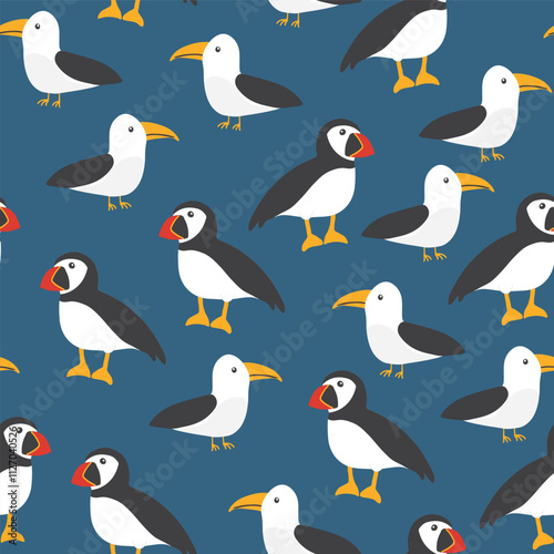 Puffin and Seagull seamless pattern. Cute Cartoon arctic animals background. Vector Illustration.