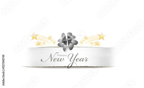Neujahrskarte 2025 mit Banderole und Sektgläser