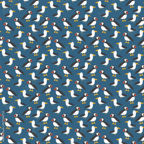 Puffin and Seagull seamless pattern. Cute Cartoon arctic animals background. Vector Illustration.