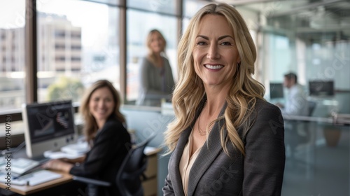 Woman in a leadership role with a smile, focused on her goals, alongside her team in an office setting. Representing management, success, and teamwork in the corporate environment