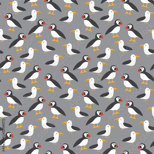 Puffin and Seagull seamless pattern. Cute Cartoon arctic animals background. Vector Illustration.