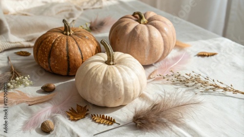 Creamy pumpkins and delicate feathers adorn a soft white tablecloth, a symphony of textures in autumnal hues. photo