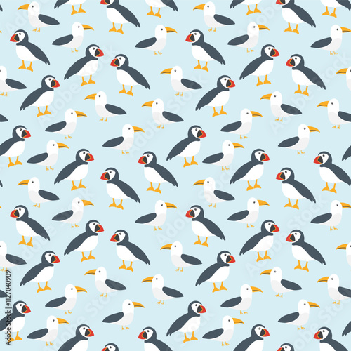 Puffin and Seagull seamless pattern. Cute Cartoon arctic animals background. Vector Illustration.