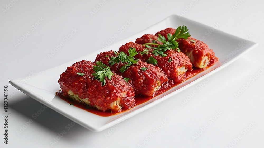 Close-up of Gołąbki on a clean white platter, vibrant red tomato sauce covering neatly rolled cabbage leaves, delicate parsley sprigs for garnish. Close-up of Gołąbki on a clean white platter, vibrant red tomato sauce covering neatly rolled cabbage leaves, delicate parsley sprigs for garnish.