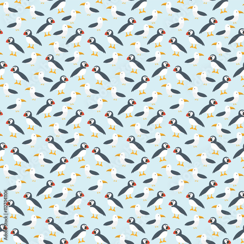 Puffin and Seagull seamless pattern. Cute Cartoon arctic animals background. Vector Illustration.
