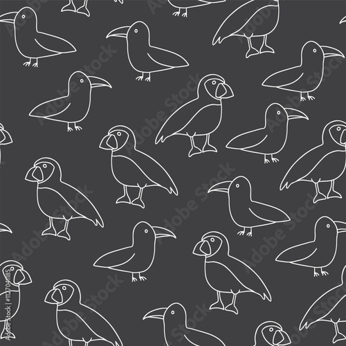 Puffin and Seagull seamless pattern. Cute Cartoon arctic animals background. Vector Illustration.