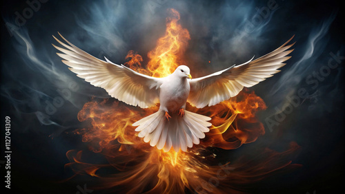 Flying white dove with flames of fire on dark background