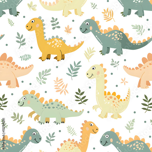 Playful dinosaurs and leaves in soft colors, seamless pattern, white background, concept of whimsical kid-friendly design