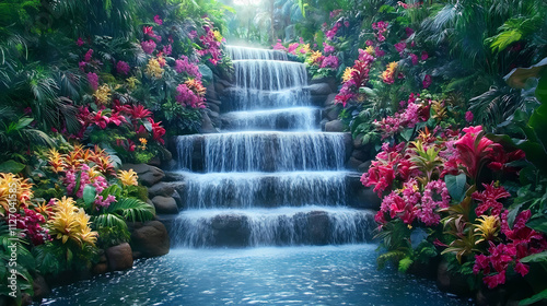 Paradise landscape with beautiful gardens, waterfalls and flowers, magical idyllic heavenly view with beautiful fantastic flowers in eden. Cascade. Illustration