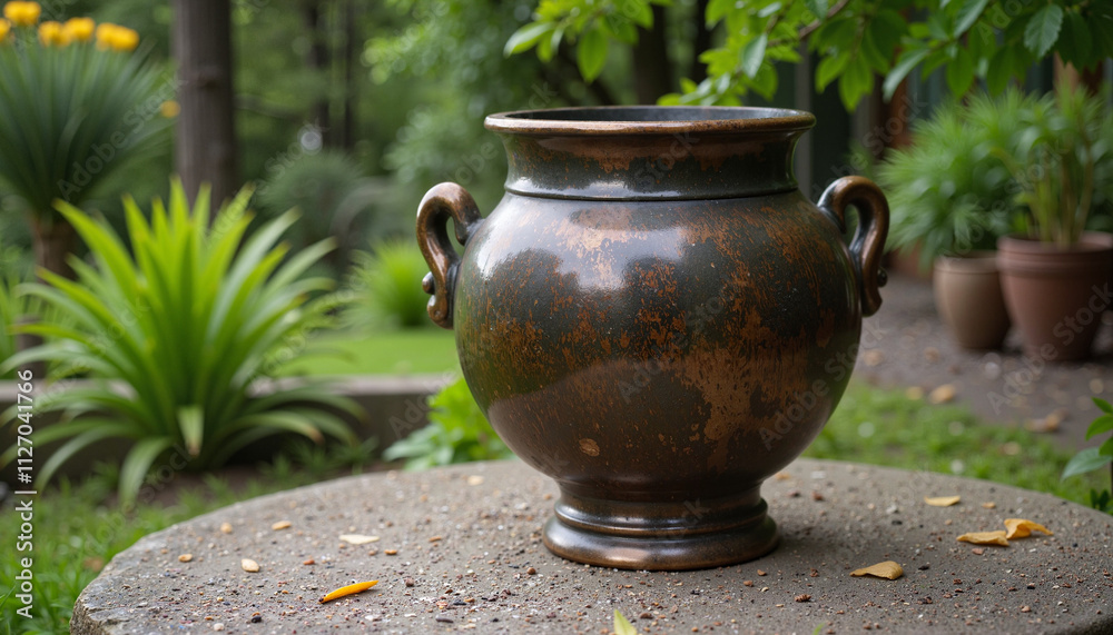 Bronze urn with handles in garden setting Bronze urn with handles in garden setting