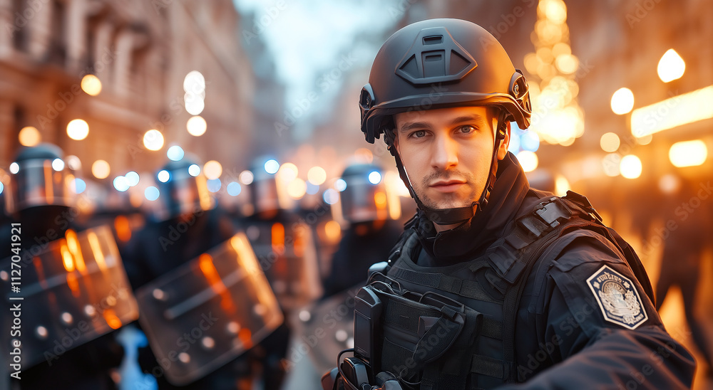 police officer in tactical gear stands confidently in front of line of riot police, showcasing strong presence during city protest. atmosphere is tense yet focused police officer in tactical gear stands confidently in front of line of riot police, showcasing strong presence during city protest. atmosphere is tense yet focused