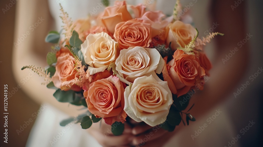 Obraz premium Beautiful wedding bouquet in hands of the bride. Bouquet of rose flowers, close up
